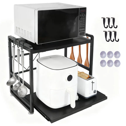 Iron Kitchen Shelf, Microwave Rack, Adjustable Height Extendable Shelf Includes Hooks & Reinforcement Suction Cups Easy Assembly by zapcart
