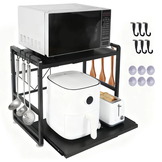 Iron Kitchen Shelf, Microwave Rack, Adjustable Height Extendable Shelf Includes Hooks & Reinforcement Suction Cups Easy Assembly by zapcart