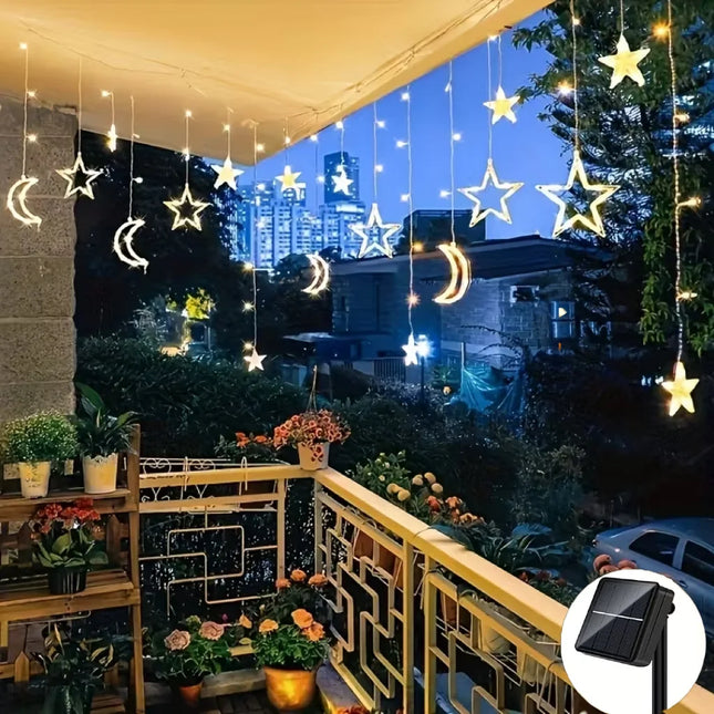 Solar Powered Star Moon LED Curtain String Light 8 Modes Hanging Fairy Garland Light for Garden Wedding Party Ramadan Decoration by zapcart