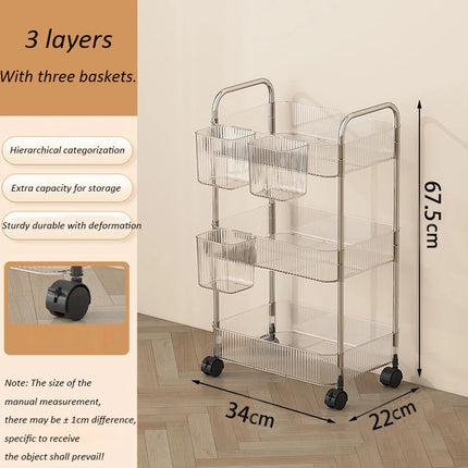 Light Luxury Storage Rack Trolley 2/3/4 Layers Transparent Acrylic Rolling Cart With Removable Hanging Baskets Snacks Bookshelf by zapcart