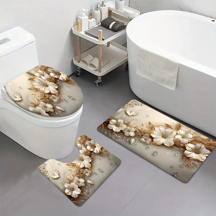 Luxury Gold Flower and Diamond Bathroom Set - Soft and Non Slip Contour Mat, Toilet Lid, and Bath Mat for Elegant Home Decor by zapcart
