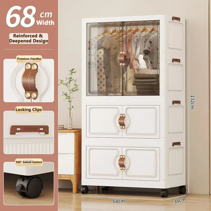 Foldable Child's Wardrobe Double Doors Large Capacity Storage Cabinet Simple Design Portable Organizer with Wheels for Kids Room by zapcart