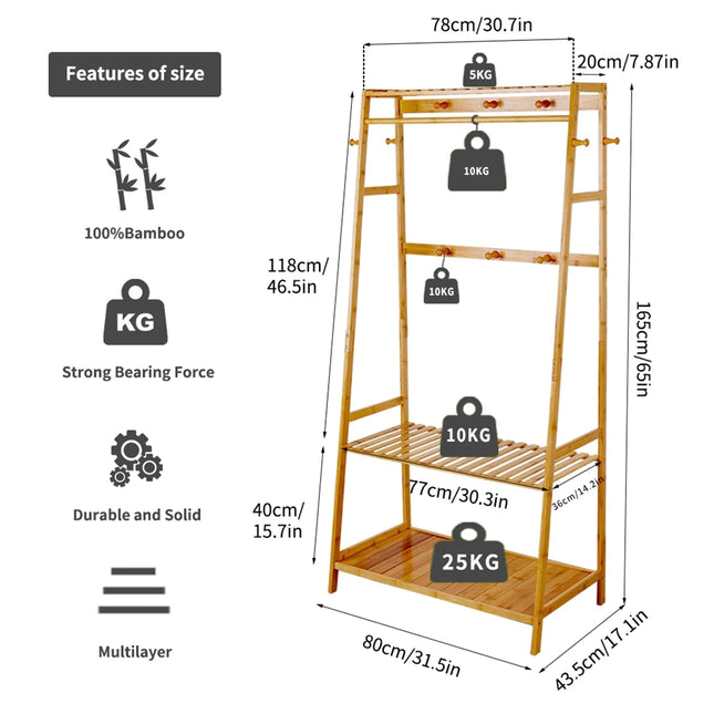 Bamboo Clothes Rail Stand Garment Rack Heavy Duty with 3 Tier Storage Shelves by zapcart