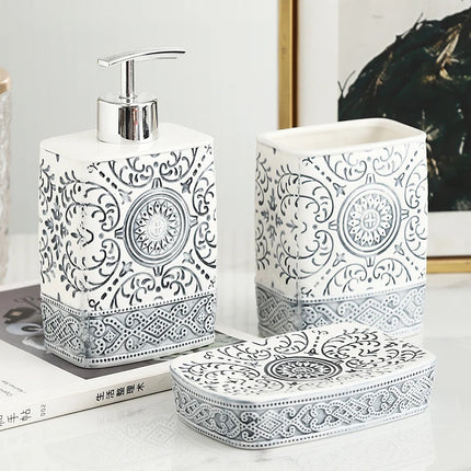 Modern Ceramic Lotion Bottle Soap Dish Toothbrush Holder Bathroom Set Flower Texture Porcelain Shampoo Bottling Soap Dispenser by zapcart