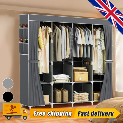 Large Fabric Canvas Wardrobe With Hanging Rail Shelving Clothes Storage Cupboard 4Row by zapcart