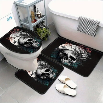 Late Night Moon Gothic Skeleton Bathroom Set - Soft Non Slip Contour Mat, Toilet Lid, and Bath Mat for Unique Home Decor by zapcart