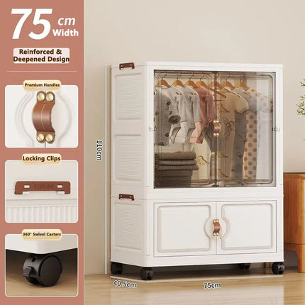 Foldable Child's Wardrobe Double Doors Large Capacity Storage Cabinet Simple Design Portable Organizer with Wheels for Kids Room by zapcart