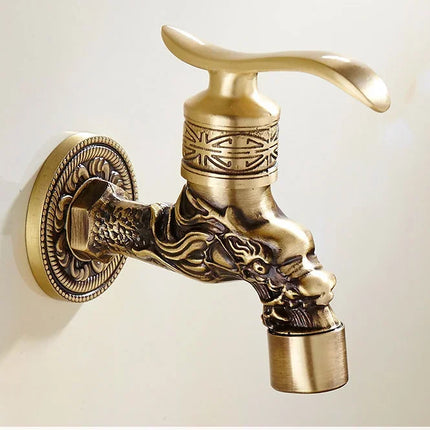 Carved Wall Mount Bibcock Brass Retro Tap Decorative Outdoor Garden Taps Washing Machine Mop Luxury Antique WC Faucet by zapcart