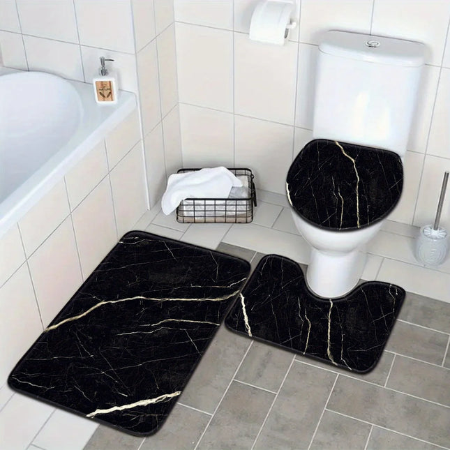 Golden Crack Luxury Black Marble Bathroom Set - Soft Non Slip Contour Mat, Toilet Lid, and Bath Mat for Elegant Home Decor by zapcart