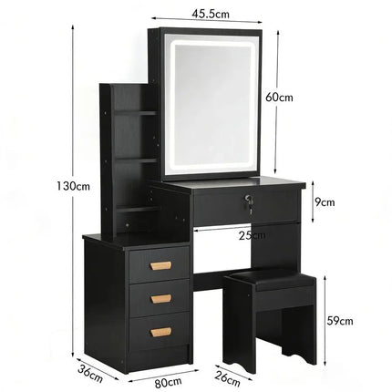 Table with Mirror and Stool, Vanity Table with LED Lights and Adjustable Brightness, Vanity Desk with Mirror, Makeup Desk for B by zapcart