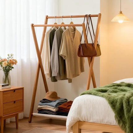 Foldable wooden clothes hanger, bedroom clothes hanger, thick hanging pole, cotton and linen storage bag, simple decorative rack by zapcart