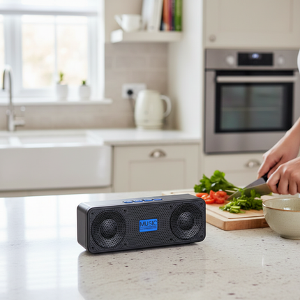 Black S18 wireless speaker on British kitchen counter