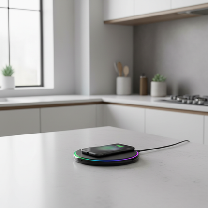 Black VIKEFON 30W charger on British kitchen counter