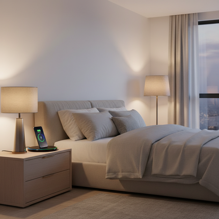 Black VIKEFON 30W wireless charger on British nightstand