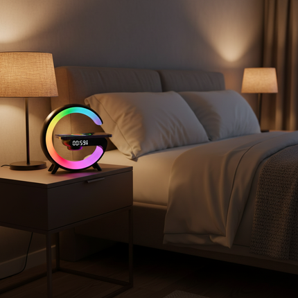 Black VIKEFON charger stand at night with RGB glow