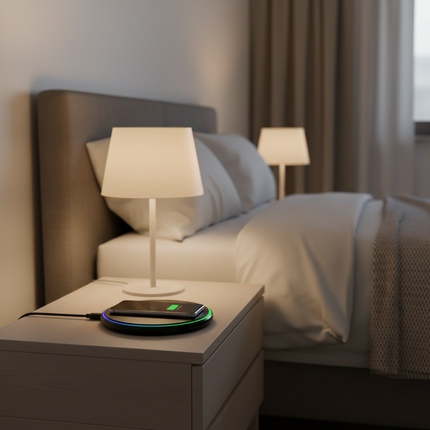 Black VIKEFON wireless charger at night with LED glow