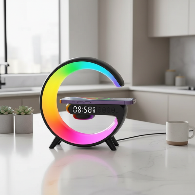 Black VIKEFON wireless charger on British kitchen counter