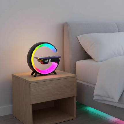 Black VIKEFON wireless charger with RGB clock on British nightstand