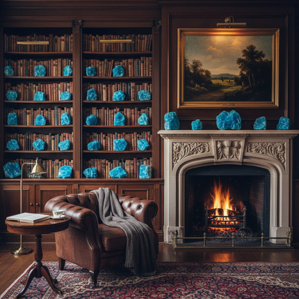 Blue apatite crystal collection in library