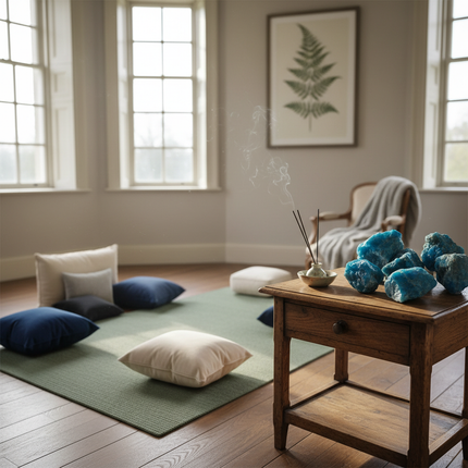 Blue apatite crystals in meditation room