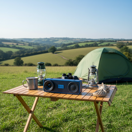 Blue S18 Bluetooth speaker at British camping