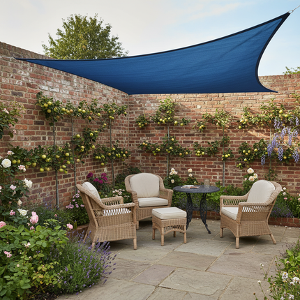 Blue waterproof triangle sail in walled garden