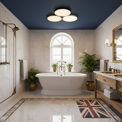 British Bathroom with White, Black & Gold Ceiling Lights