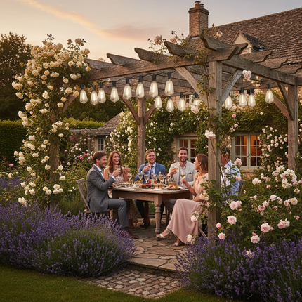 British cottage garden party with string lights