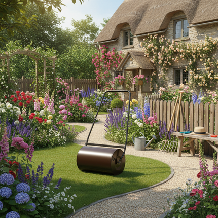 British Cottage Garden with Lawn Roller