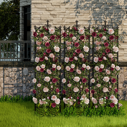 British cottage garden with rose trellis