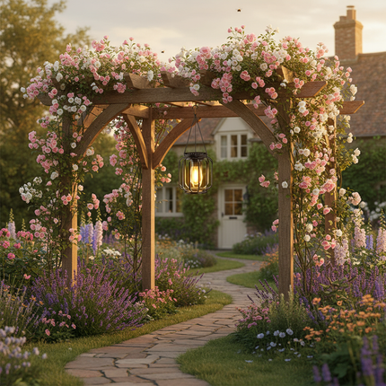 British cottage garden with solar lantern