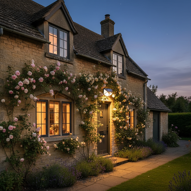 British cottage with solar wall light