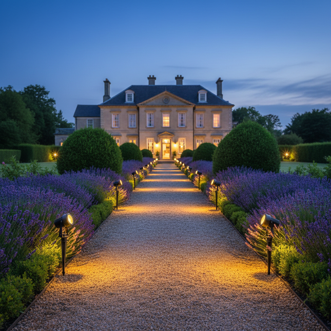 British country estate garden at twilight