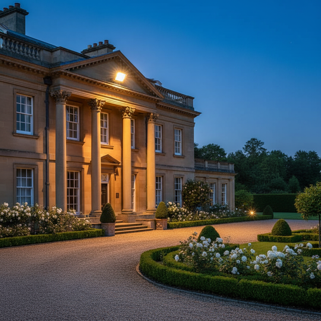 British country house with security lighting