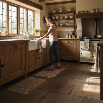 British Country Kitchen with Purple Slippers