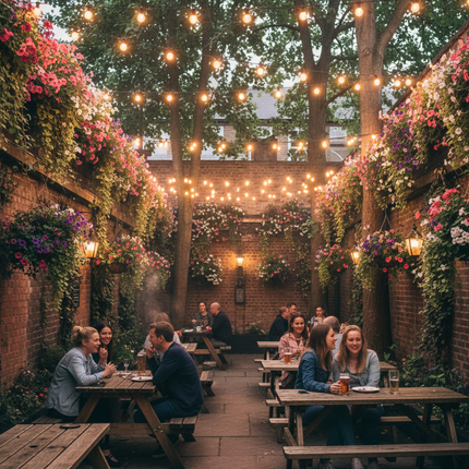 British pub garden with overhead string lights