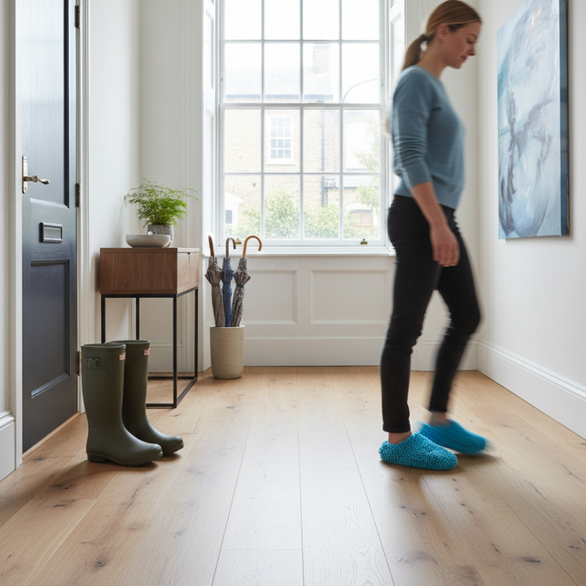 British Townhouse Hallway with Blue Slippers