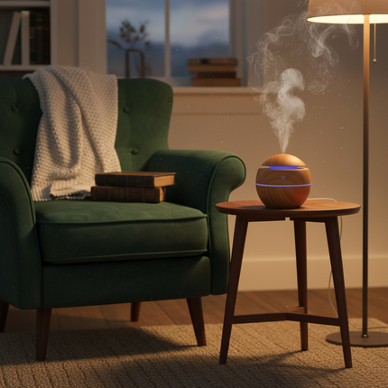 Brown ultrasonic diffuser in cozy British reading corner