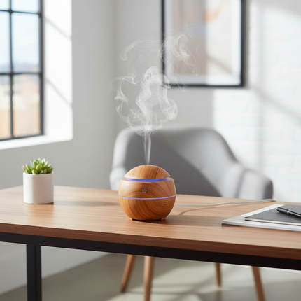 Brown wood-grain humidifier on British office desk