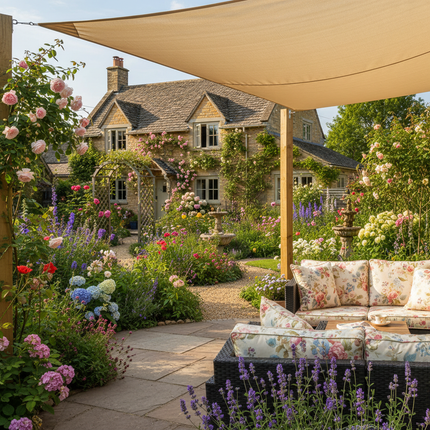 Charming cottage garden with shade canopy