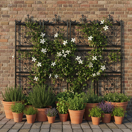 Charming walled garden with clematis vines