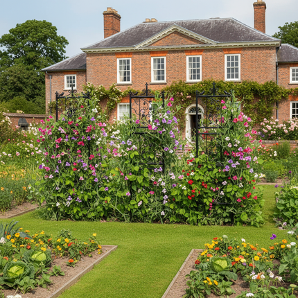 Classic country house with sweet peas