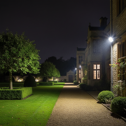 Classic manor house garden at night