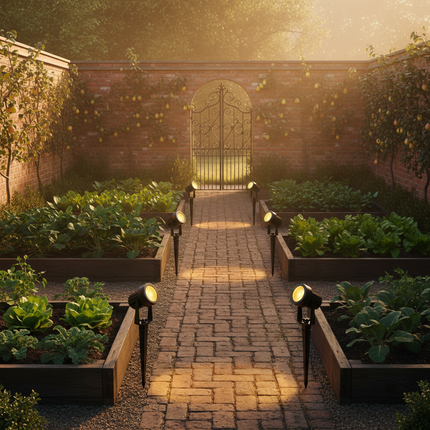Classic walled garden with path lights