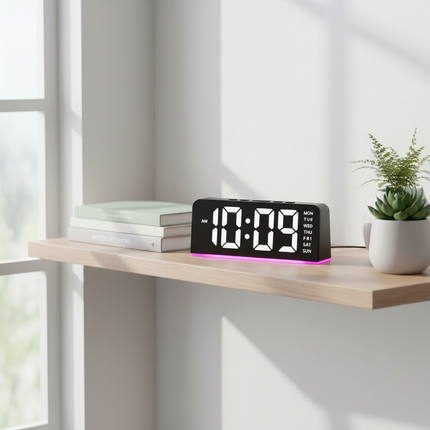 Clock on office shelf with books