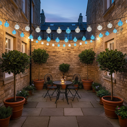Cool blue solar lights in urban courtyard