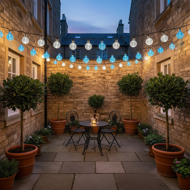 Cool blue solar lights in urban courtyard