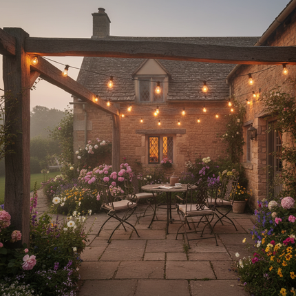 Cotswold stone cottage with string lights