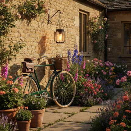 Cotswold stone courtyard with vintage bicycle
