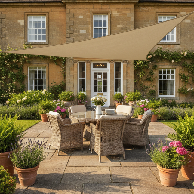 Country house patio with triangle shade sail